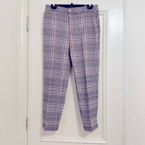 Plaid/houndstooth combo cropped pants with blush, purple and blue tones